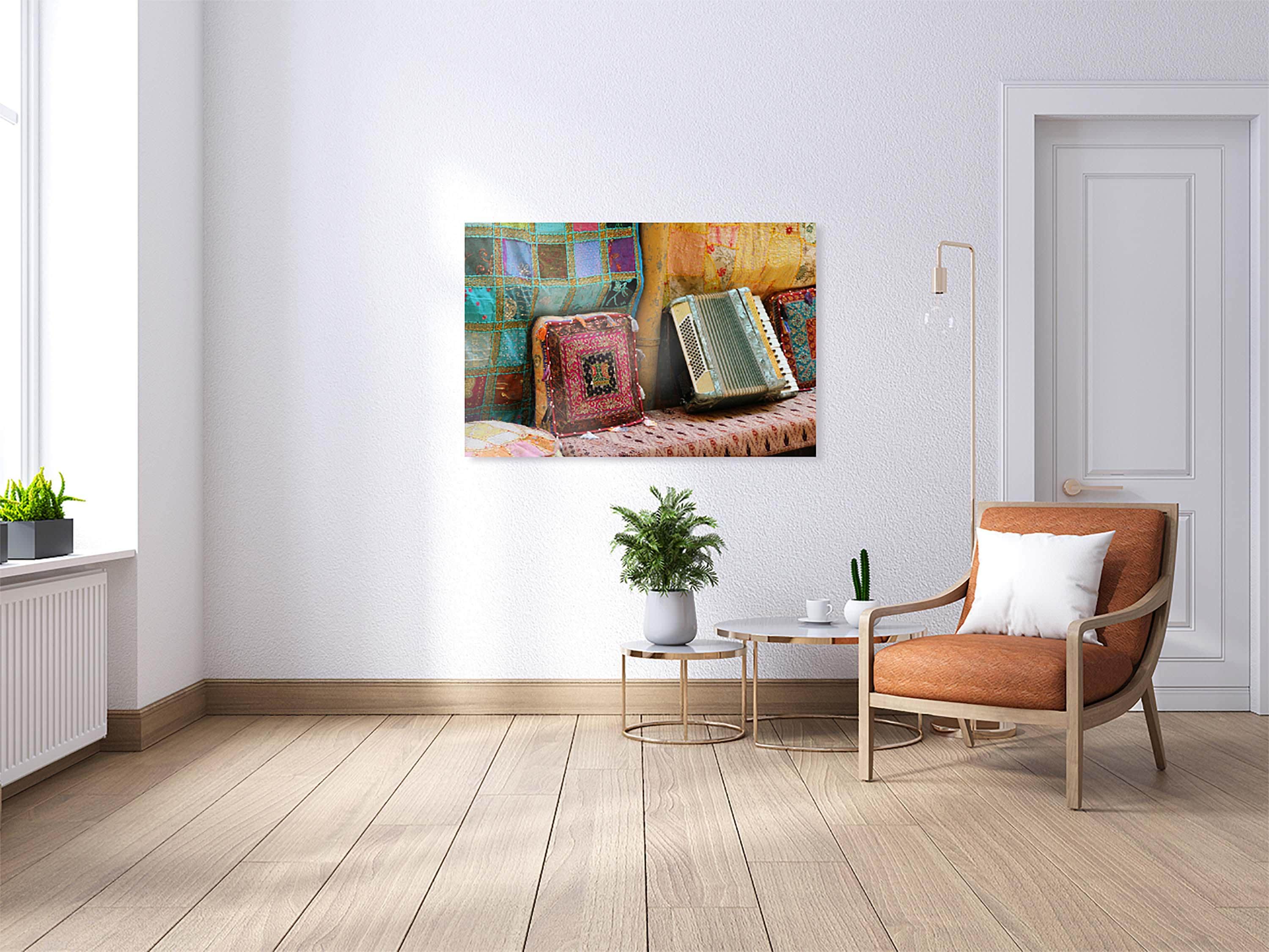 Jerusalem Old City Vintage Antiques Market with Accordion Colorful Pillows & Tapestry
