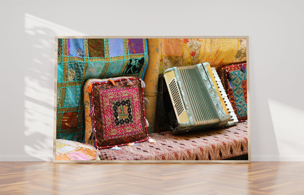 Jerusalem Old City Vintage Antiques Market with Accordion Colorful Pillows & Tapestry