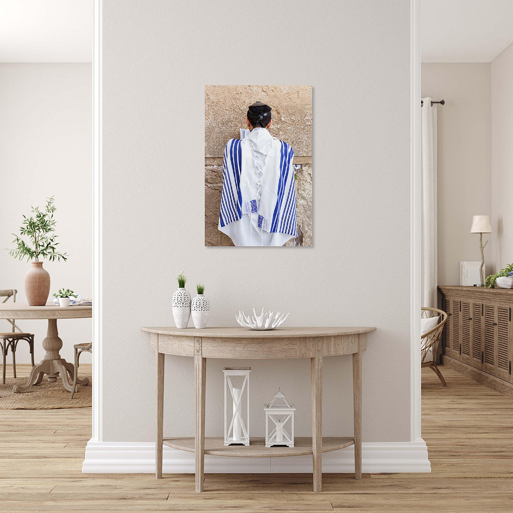 Kotel Western — Jewish Man Praying with Blue Tekhelet Tallit