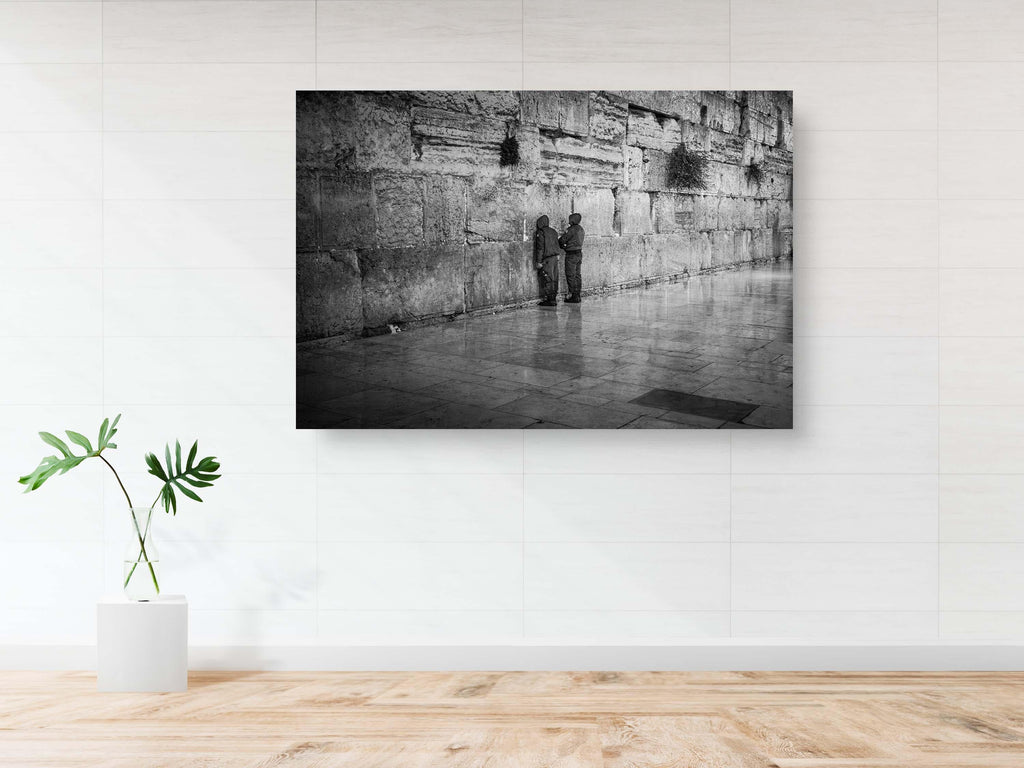 Black and White Two IDF Soldiers Praying at the Kotel Western Wall