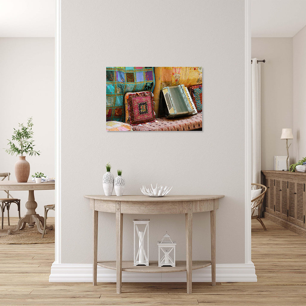 Jerusalem Old City Vintage Antiques Market with Accordion Colorful Pillows & Tapestry