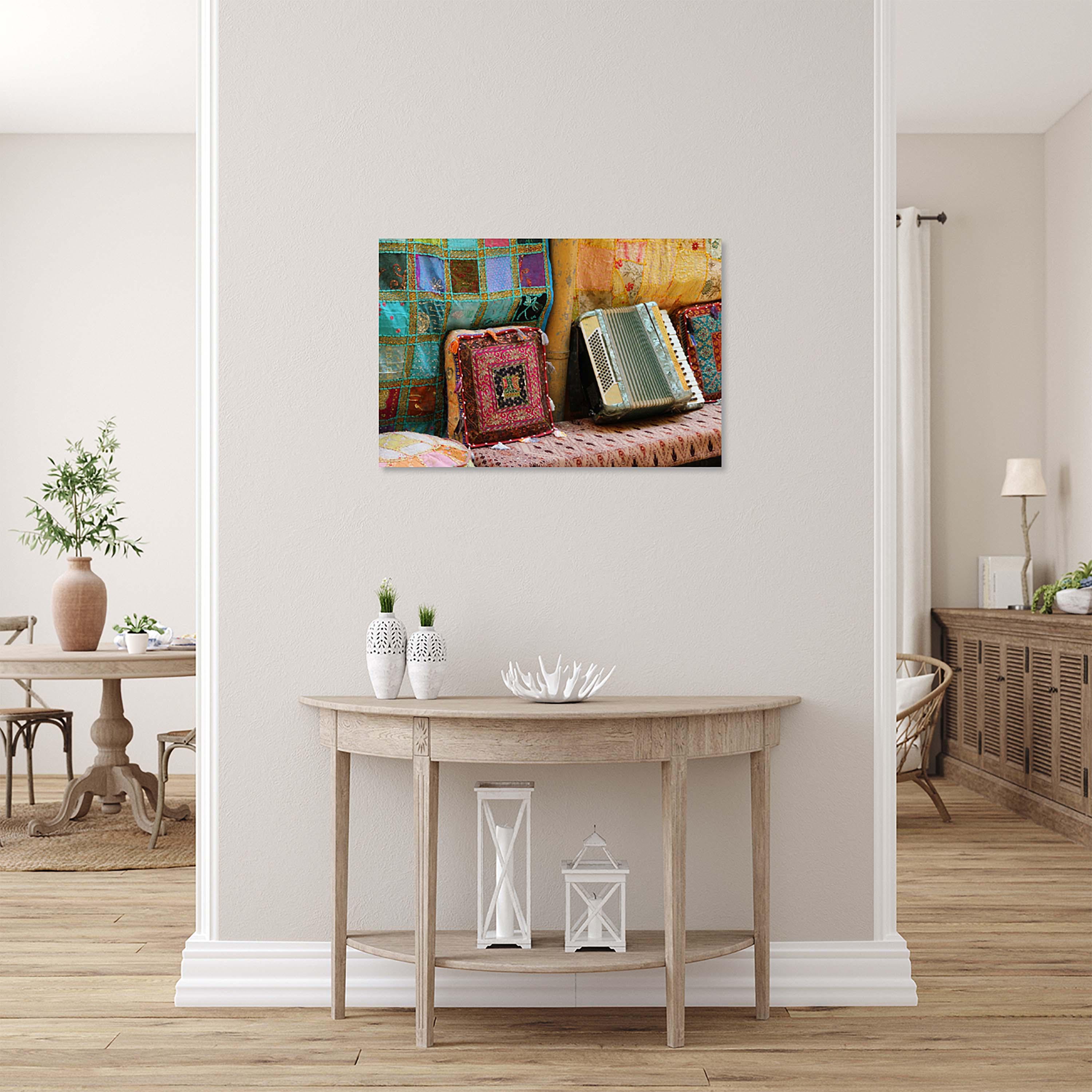 Jerusalem Old City Vintage Antiques Market with Accordion Colorful Pillows & Tapestry