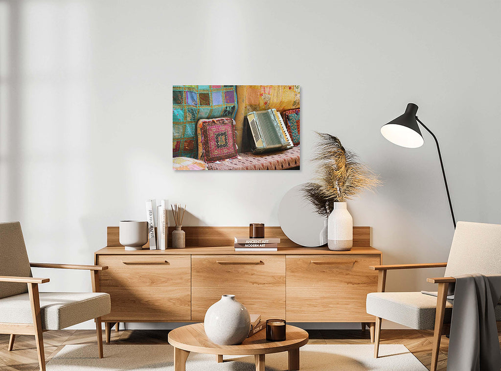 Jerusalem Old City Vintage Antiques Market with Accordion Colorful Pillows & Tapestry
