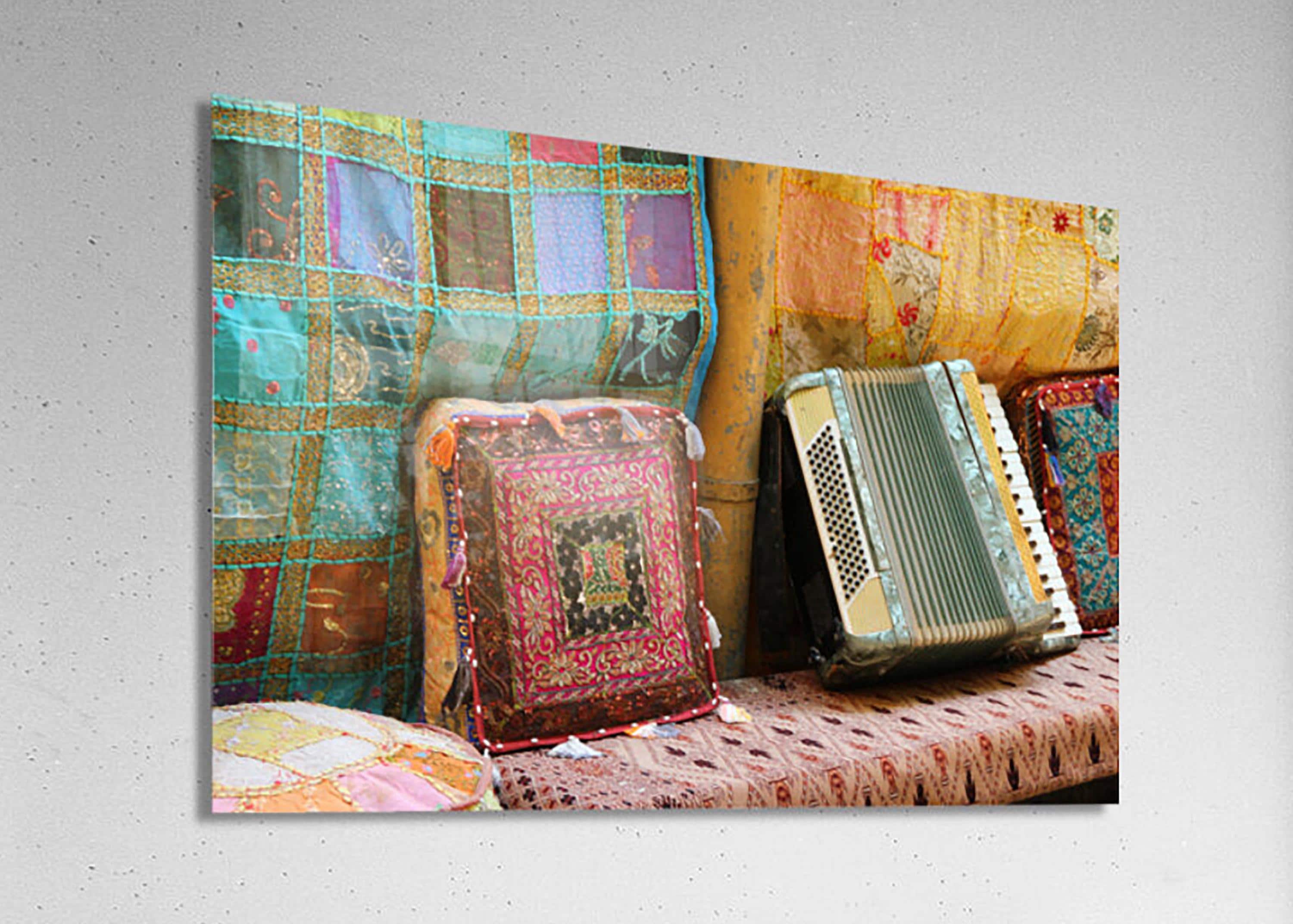 Jerusalem Old City Vintage Antiques Market with Accordion Colorful Pillows & Tapestry