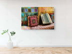Jerusalem Old City Vintage Antiques Market with Accordion Colorful Pillows & Tapestry