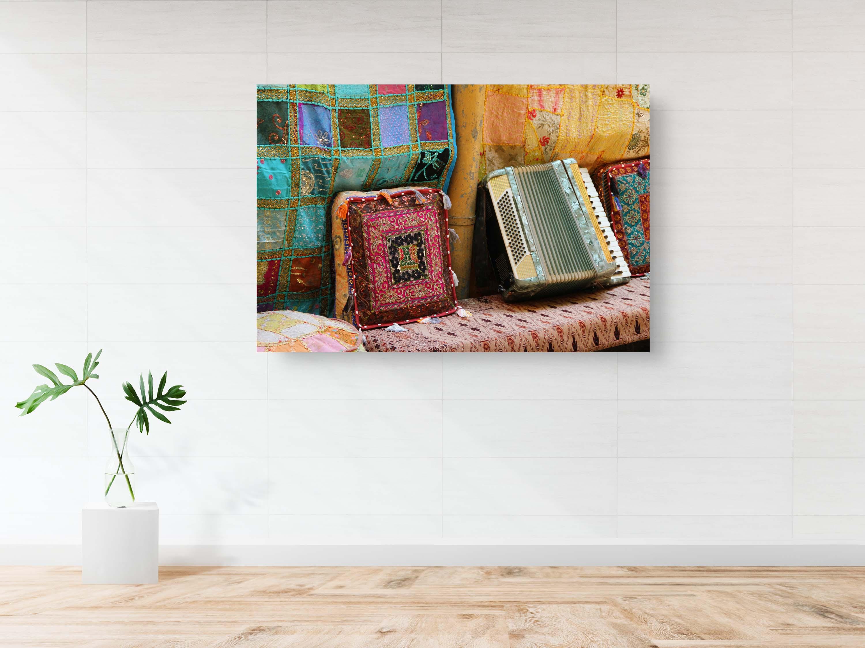 Jerusalem Old City Vintage Antiques Market with Accordion Colorful Pillows & Tapestry