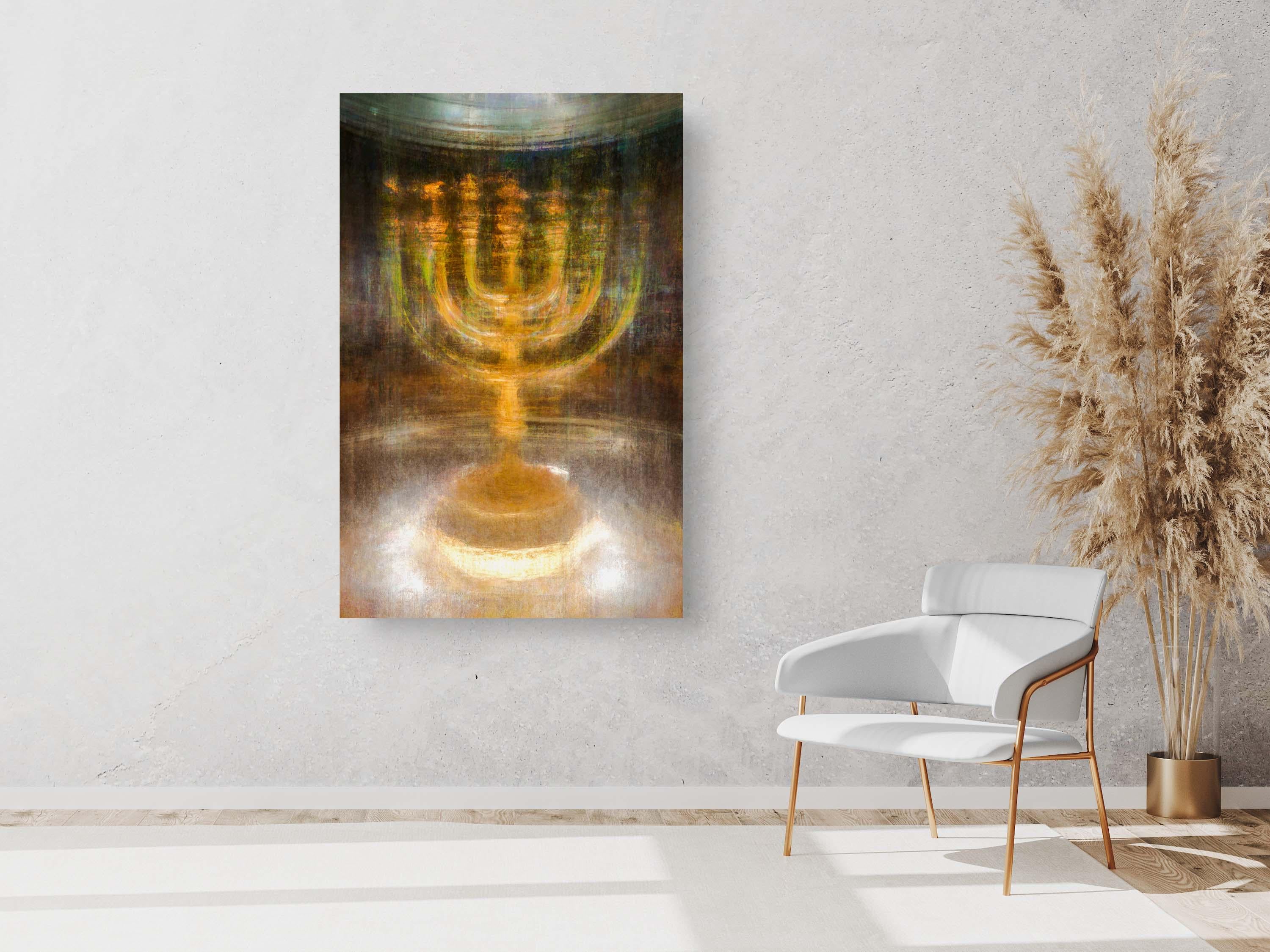 Gold Menorah Impressionist Painting: Jewish Temple Art, Canvas