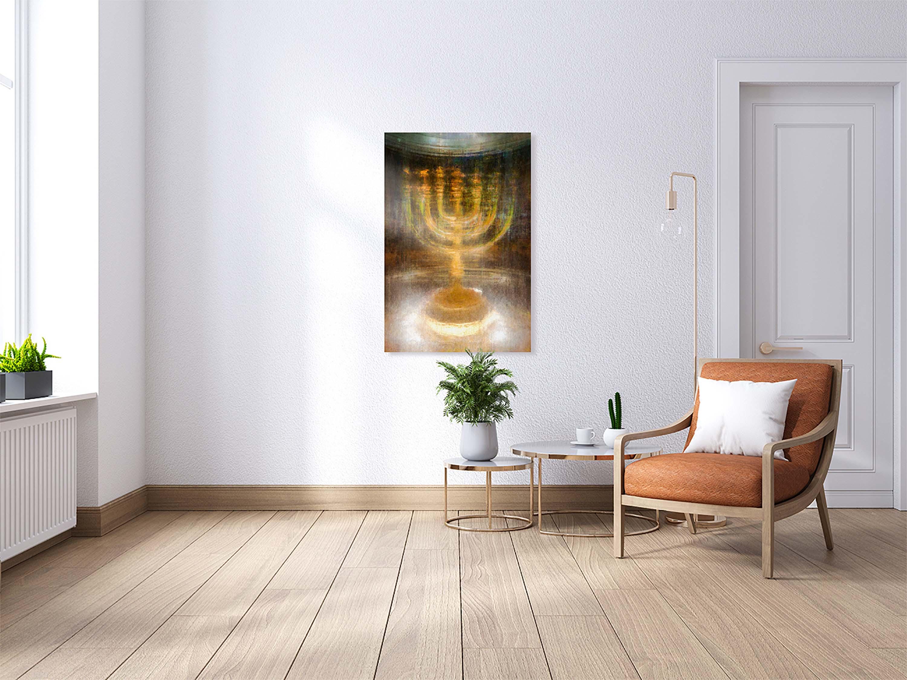 Gold Menorah Impressionist Painting: Jewish Temple Art, Canvas