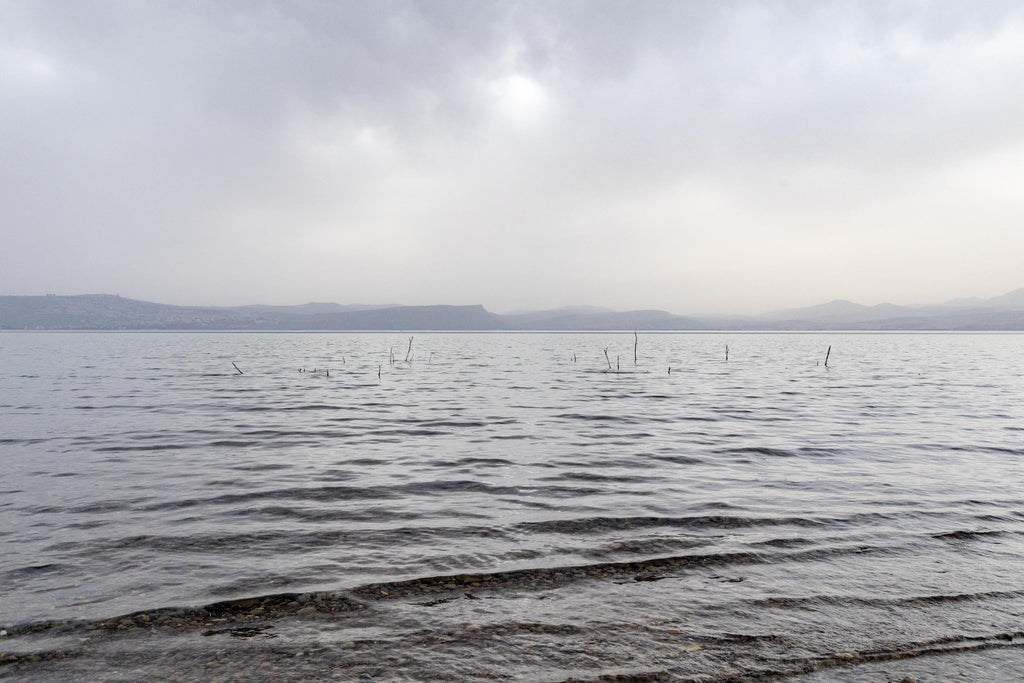 Israeli Holy Land Tiberias Lake — Sea of Galilee — the Kinneret with Clouds, Reeds Mountains
