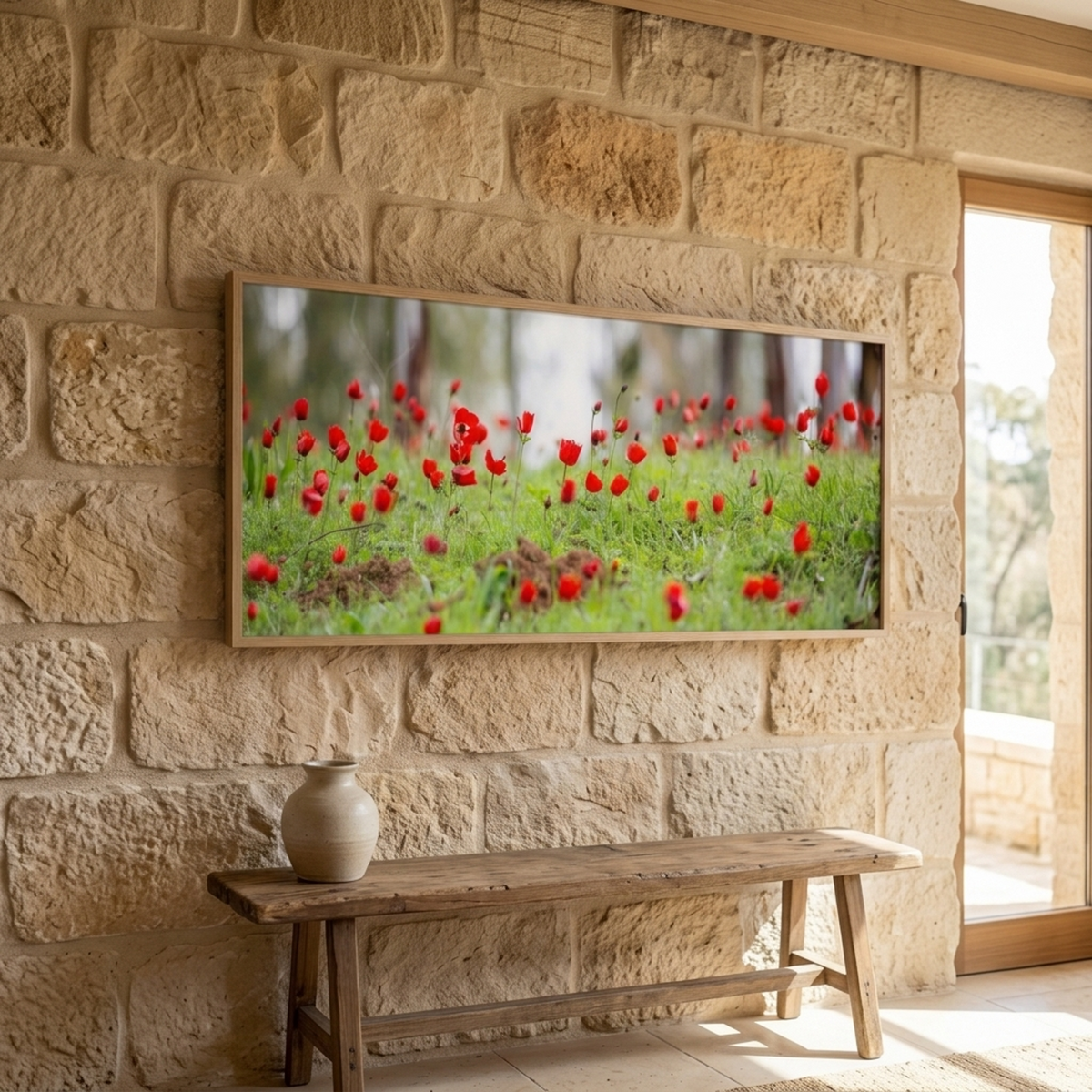 A panoramic view of wild red anemone flowers in the Holy Land of Israel - Gaza border