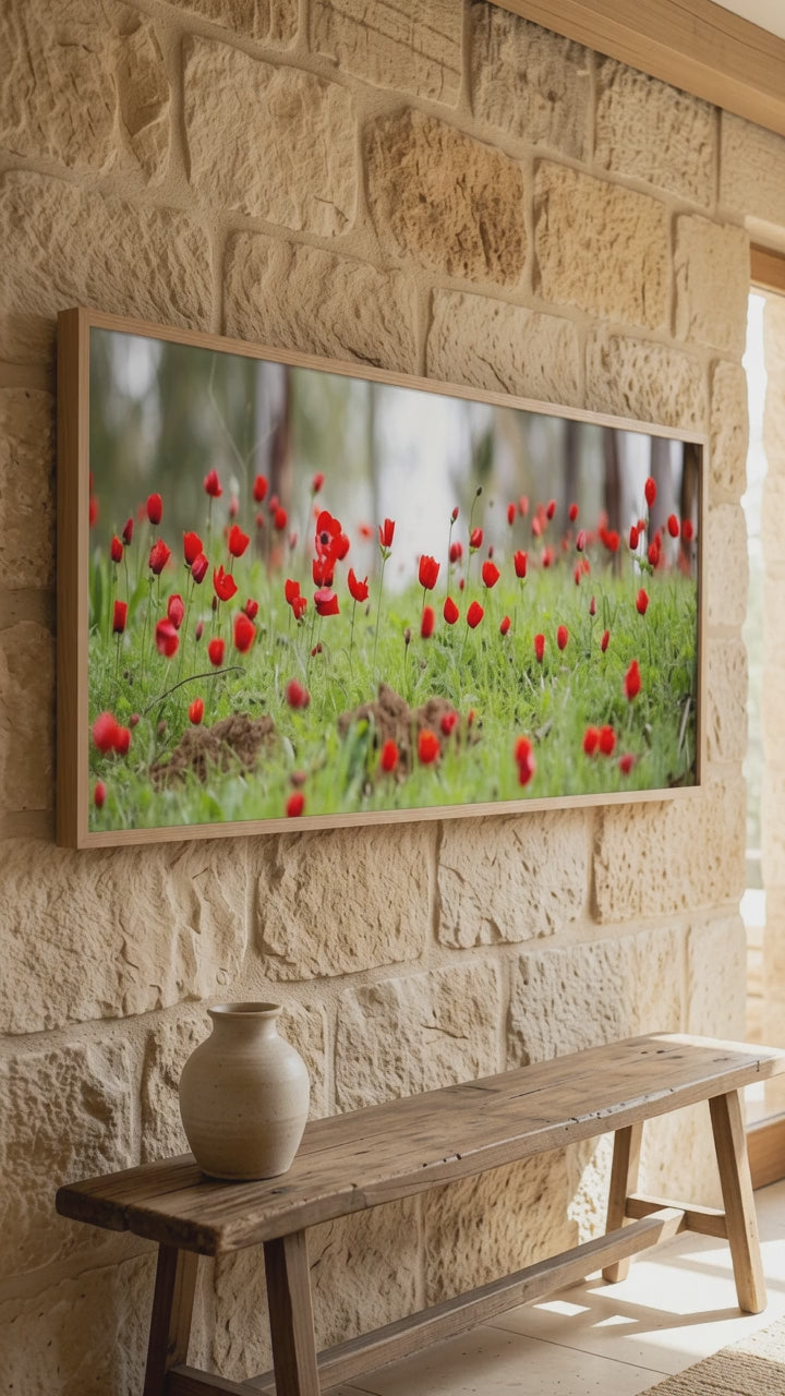 A panoramic view of wild red anemone flowers in the Holy Land of Israel - Gaza border
