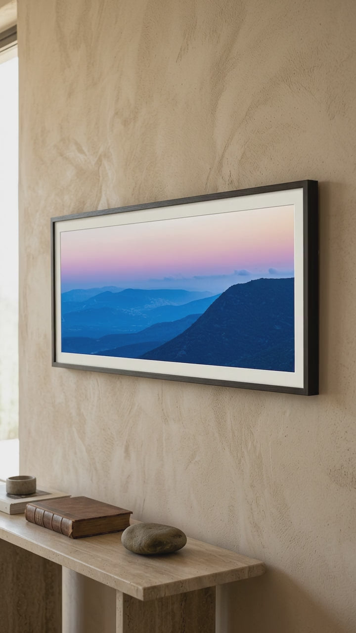 Panoramic Holy Land Blue Mountains and Pink Sky Landscape Photography — Israeli Galilee Mountains